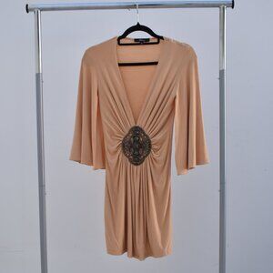 Sky Snake Embellished Draped Mini Dress – Deep V, Size S